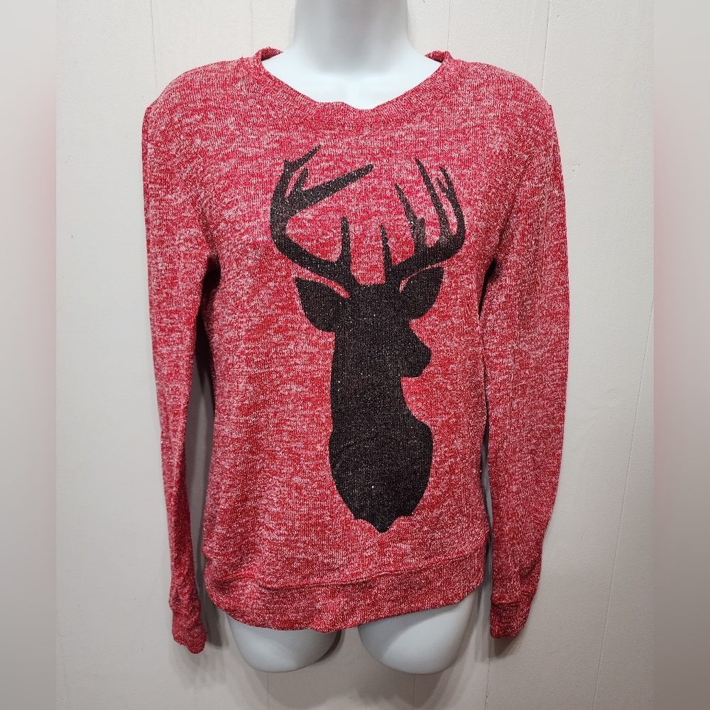 Fifth Sun Sweater Small Deer Red with Metallic Silver Crewneck Lightweight C55
